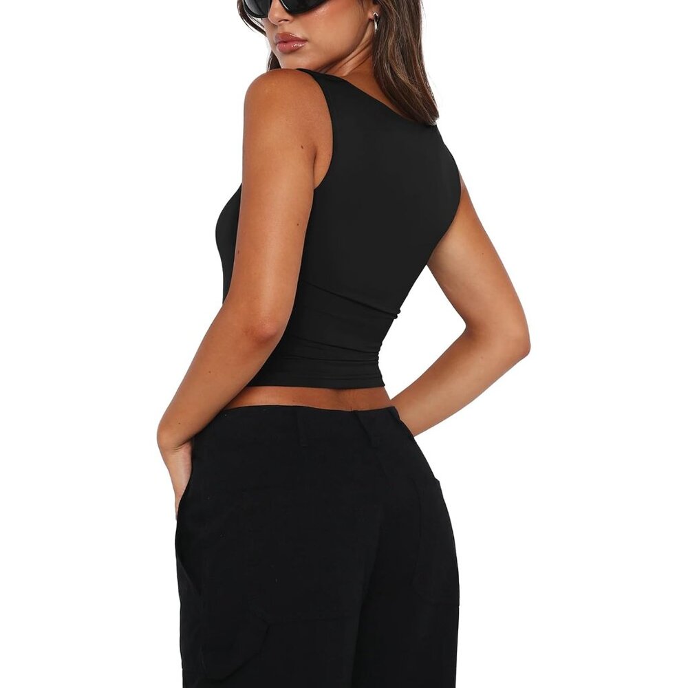 Butsmooth Women's Square Neck Going Out Crop Tops Double Lined Cute Basic Tank T - Picture 2 of 6